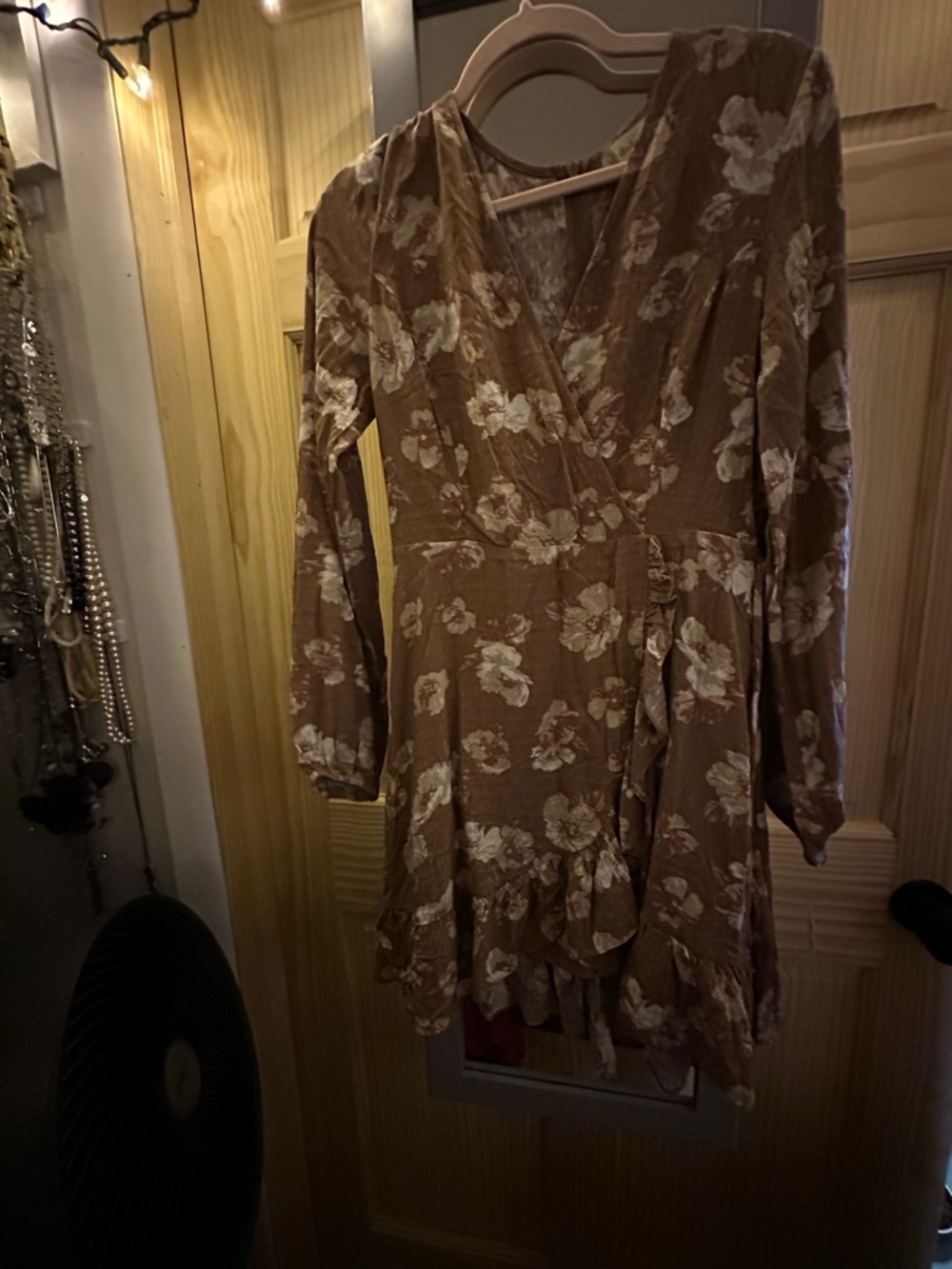 Altar'd State Brown Floral Wrap Mini Dress with Ruffle Hem
